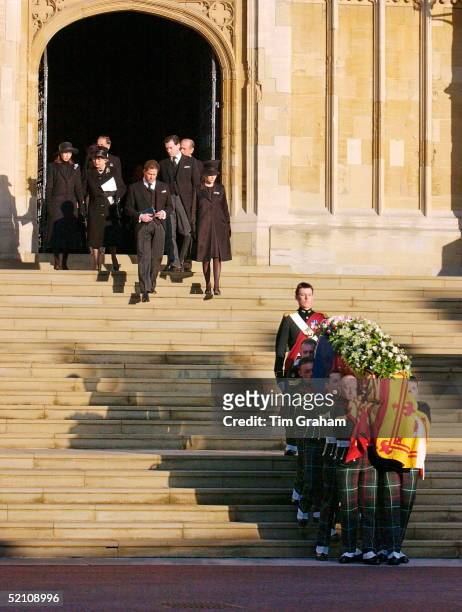 The Royal Family Attending The Funeral Of Princess Margaret At St. George's Chapel In Windsor Castle. Queen Elizabeth II Walking With Her Sister's...