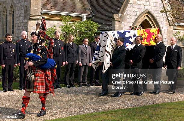 The Queen's Piper Jim Motherwell Playing Bagpipes As The Queen Mother's Coffin Is Carried Out Of The Royal Chapel Of All Saints At The Royal Lodge In...