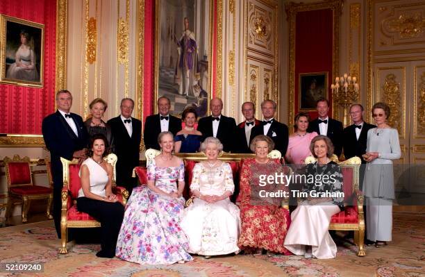 Crimson Drawing Room At Windsor Castle Queen Elizabeth II With The Reigning Sovereigns Of Europe And Their Consorts For A Unique Photograph To Mark...