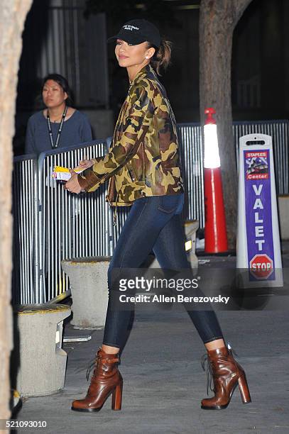 Actress Zendaya arrives to Kobe Bryant's last game at The Staples Center on April 13, 2016 in Los Angeles, California.