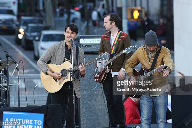 Band members of Vampire Weekend, Ezra Koenig and Christopher Baio perform during the Bernie Sanders rally at Washington Square Park on April 13, 2016...