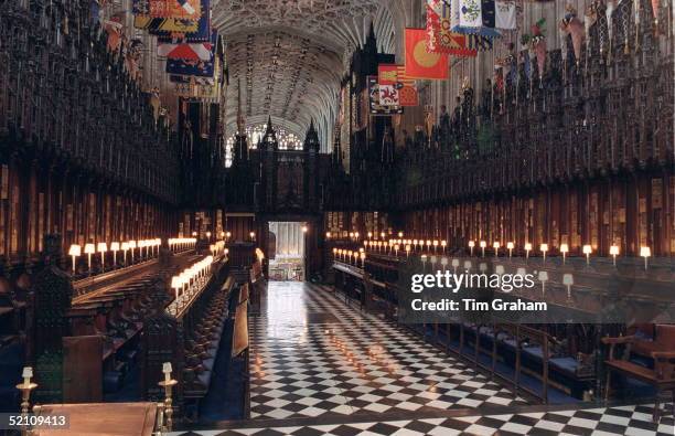 The Quire In St.george's Chapel. Above The Garter Stalls Hang The Banners Of The Knights Of The Garter Below Which Are Displayed Their Crests,...