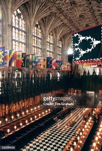 The Quire In St.george's Chapel. Above The Garter Stalls Hang The Banners Of The Knight Of The Garter, Below Which Are Displayed Their Crests,...