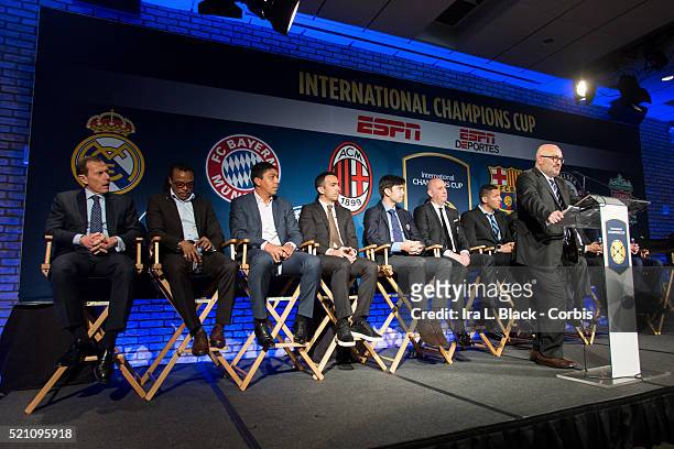 Charlie Stillitano, Chairman of Relevent Sports address the crowd including legends Mauro Tassotti of AC Milan, Emilio Butragueno of Real Madrid,...
