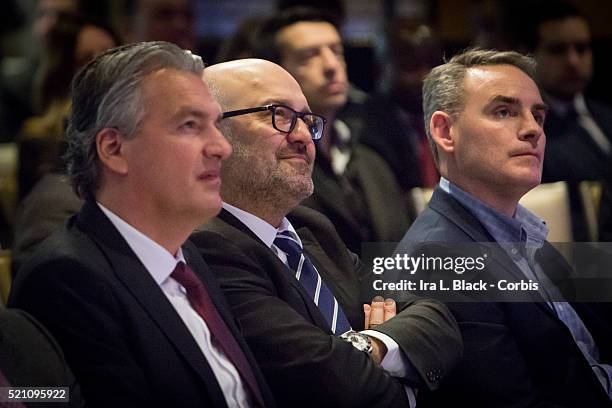 Charlie Stillitano, Chairman of Relevent Sports watches the Press conference which including legends Mauro Tassotti of AC Milan, Emilio Butragueno of...