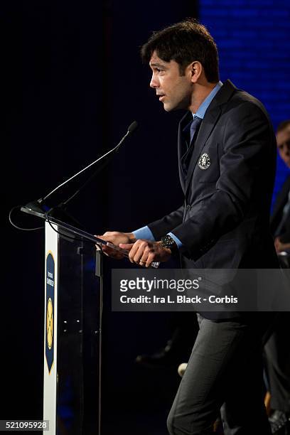 Paulo Ferreira of Chelsea FC addresses the crowd which including legends Mauro Tassotti of AC Milan, Emilio Butragueno of Real Madrid, Youri...