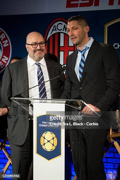 Marco Materazzi of Inter Milan and Charlie Stillitano, Chairman of Relevent Sports address the crowd which including legends Mauro Tassotti of AC...