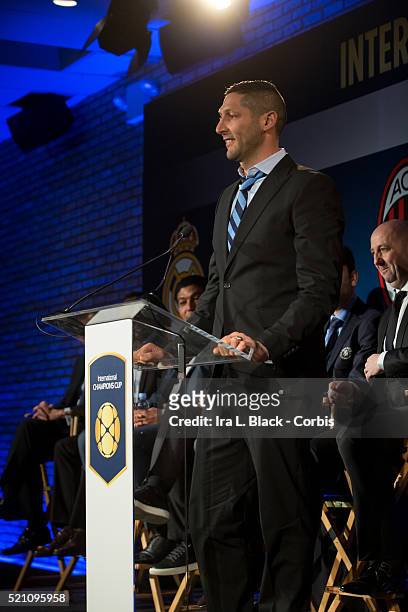 Marco Materazzi of Inter Milan addresses the crowd which including legends Mauro Tassotti of AC Milan, Emilio Butragueno of Real Madrid, Youri...
