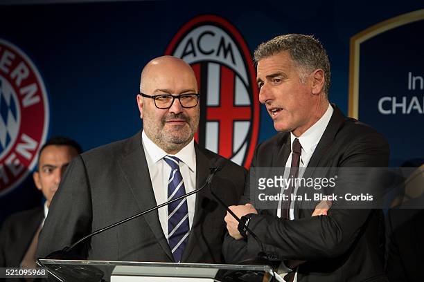 Mauro Tassotti of AC Milan and Charlie Stillitano, Chairman of Relevent Sports address the crowd which including legends Mauro Tassotti of AC Milan,...