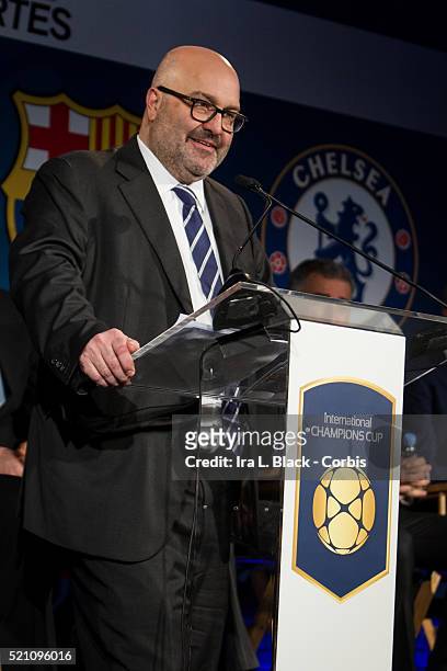 Charlie Stillitano, Chairman of Relevent Sports address the crowd including legends Mauro Tassotti of AC Milan, Emilio Butragueno of Real Madrid,...