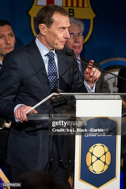 Emilio Butragueno of Real Madrid address the crowd including legends Mauro Tassotti of AC Milan, Emilio Butragueno of Real Madrid, Youri Djorkaeff of...