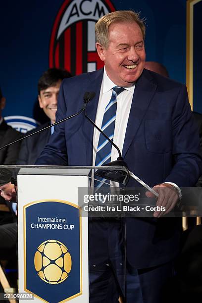 Alan Birchenall of Leicester City address the crowd which including legends Mauro Tassotti of AC Milan, Emilio Butragueno of Real Madrid, Youri...