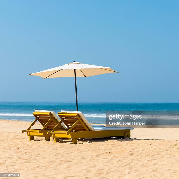 beach loungers and parasols, bentota beach, sri lanka - sedia a sdraio foto e immagini stock