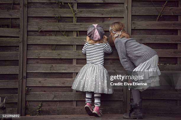 two children peeking through hole in a fence - peeping holes stock pictures, royalty-free photos & images