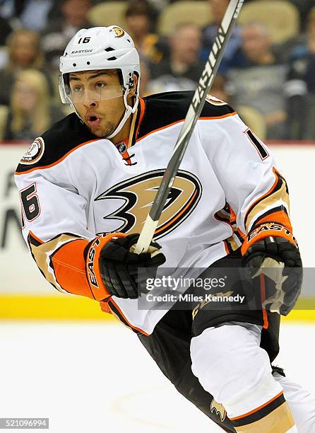 Emerson Etem of the Anaheim Ducks plays against the Pittsburgh Penguins during the game at the Consol Energy Center on October 9, 2014 in Pittsburgh,...
