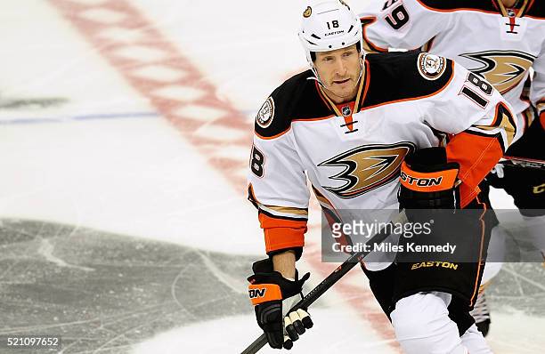 Tim Jackman of the Anaheim Ducks plays against the Pittsburgh Penguins during the game at the Consol Energy Center on October 9, 2014 in Pittsburgh,...