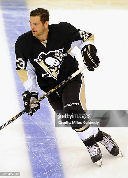 Steve Downie of the Pittsburgh Penguins warms up before playing the Anaheim Ducks in the game at the Consol Energy Center on October 9, 2014 in...