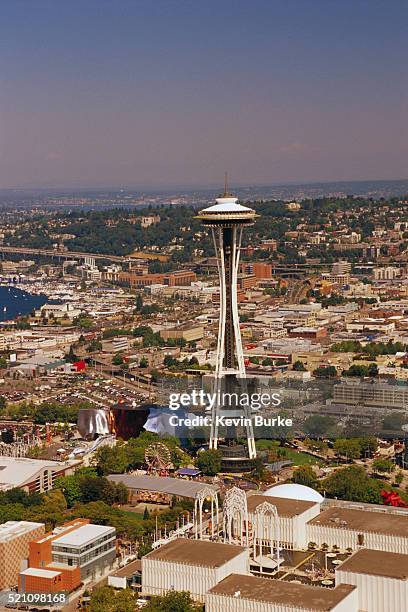 aerial view of the pacific science center and space needle - pacific science center seattle stock pictures, royalty-free photos & images