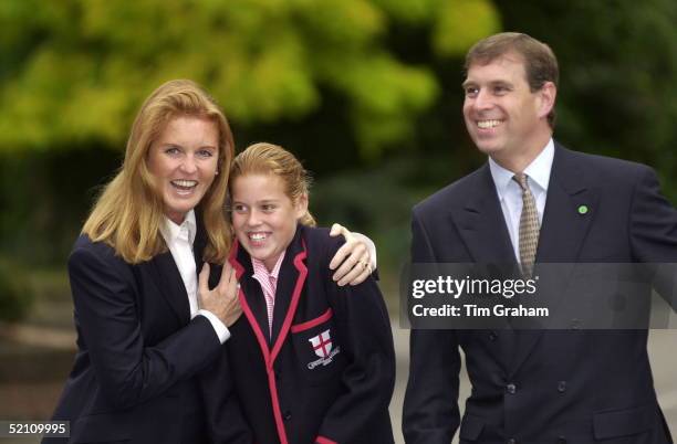 Princess Beatrice Smiling With Her Mother, Sarah Duchess Of York [ Fergie ], And Her Father, Prince Andrew, As She Arrives For Her First Day At St...