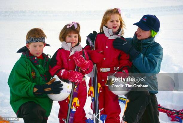 Klosters, Switzerland --- Prince William Helping His Cousin Princess Beatrice With The Collar Of Her Ski Suit As They Pose With Prince Harry And...