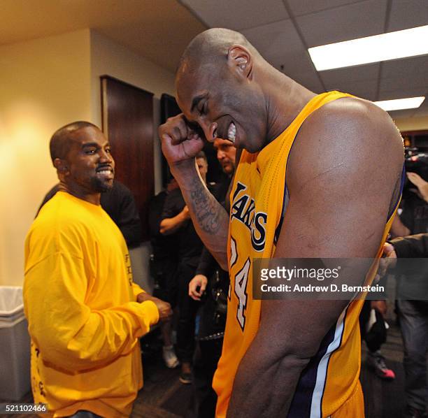 Rapper, Kanye West talks to Kobe Bryant of the Los Angeles Lakers after the game on April 13, 2016 at Staples Center in Los Angeles, California. NOTE...