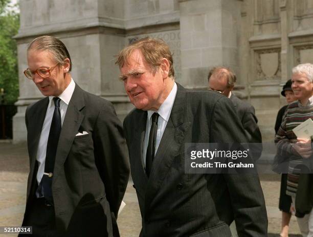 Sir Robert Fellowesand Sir Bernard Ingham Leaving Westminster Abbey,london, Having Attended The Service Of Thanksgiving For The Life And Work Of Ted...