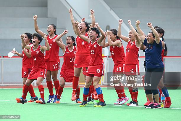 Hong Kong players celebrate during the penalty shootout against Kazakhstan during round 1 of the 2016 Hockey World League at Sengkang Hockey Stadium...