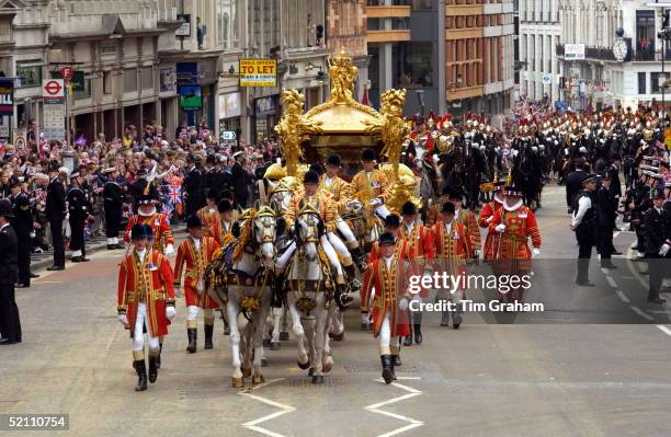 The Queen And Prince Philip Travelling In The Gold State Coach Which Was Built In 1762 By King George Lll And Is Pulled By Eight Grey Horses. They...