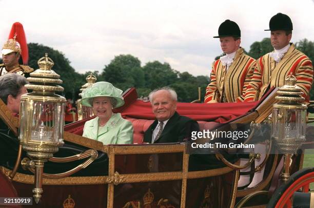 The Queen And President Goncz Of Hungary Arriving For The Ceremonial Welcome At The Home Park, Windsor.the Footman On The Back Of The Carriage At Far...