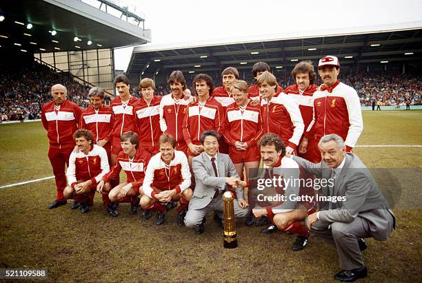 Liverpool pictured with the Canon League Division One trophy for the 1983/84 season before their match against Norwich City at Anfield on May 15th,...