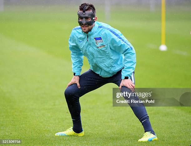 Vedad Ibisevic of Hertha BSC stretches during the training of Hertha BSC on april 14, 2016 in Berlin, Germany.