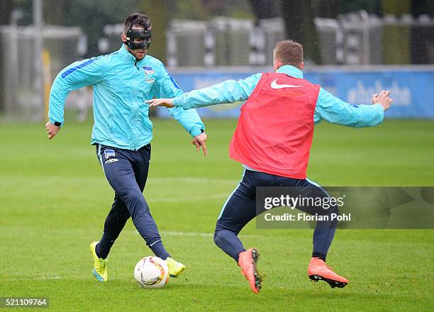 Vedad Ibisevic handles the ball against Maximilian Mittelstaedt of Hertha BSC during the training of Hertha BSC on april 14, 2016 in Berlin, Germany.