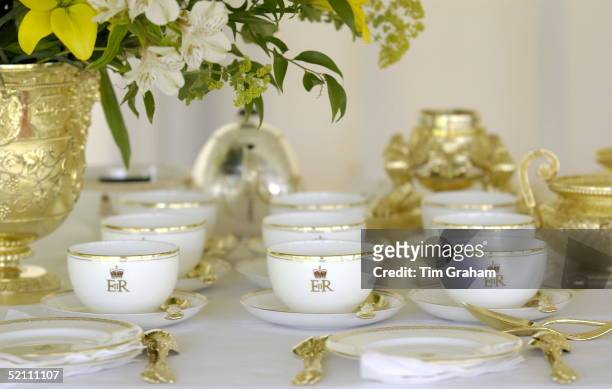 Buckingham Palace Garden Party. Cups And Saucers Marked With The Queen's Cypher In The Royal Tea Tent. Other Tents Will Have Plain White Crockery.