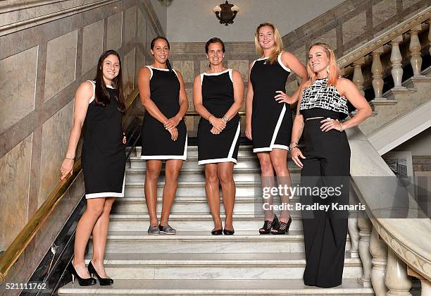 Christina McHale, Madison Keys, Mary Joe Fernandez, Coco Vandeweghe and Bethanie Mattek-Sands pose for a photo during the Fed Cup Official Dinner on...