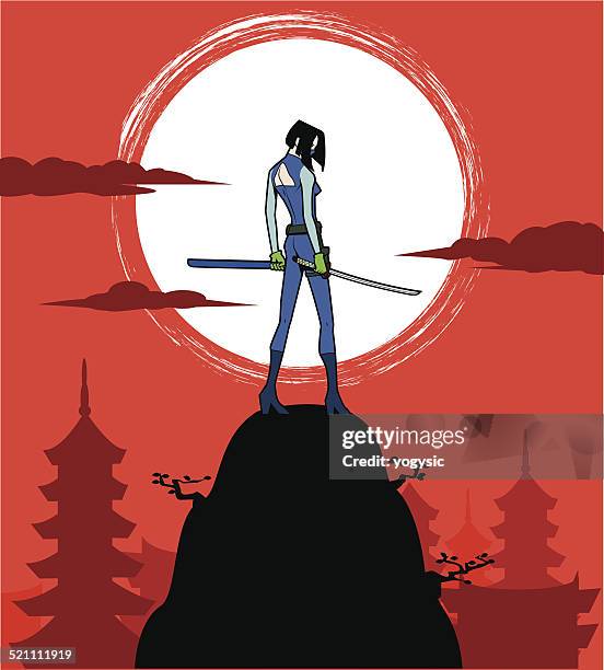 female japanese ninja stalking in the night - samurai sword stock illustrations