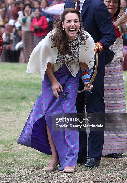 Catherine, Duchess of Cambridge and Prince William, Duke of Cambridge take part in archery, Bhutan's national sport on April 14, 2016 in Thimphu,...
