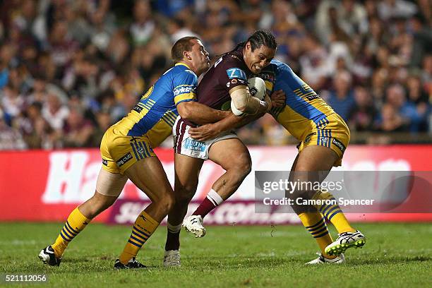 Steve Matai of the Sea Eagles is tackled during the round seven NRL match between the Manly Sea Eagles and Parramatta Eels at Brookvale Oval on April...