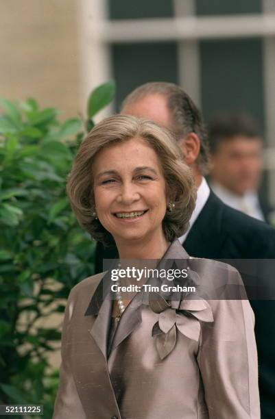 Queen Sofia Of Spain Arriving For The Wedding Reception For Princess Alexia Of Greece And Carlos Morales Quintana At Kenwood House, London.