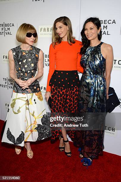 Anna Wintour, Sylvana Ward Durrett, and Wendi Murdoch attend "The First Monday In May" world premiere during the 2016 Tribeca Film Festival at John...