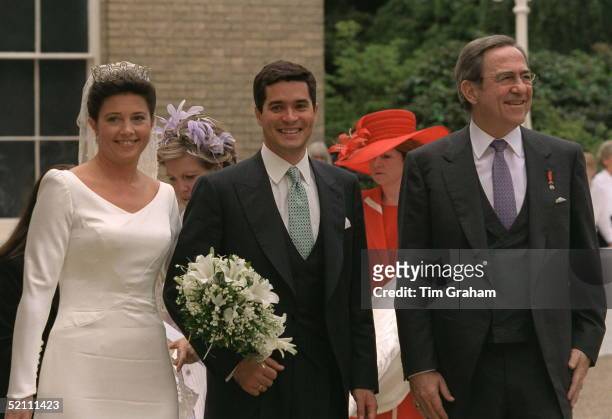 Princess Alexia Of Greece And Carlos Morales Quintana With King Constantine Arriving For Their Wedding Reception At Kenwood House, Hampstead, London.
