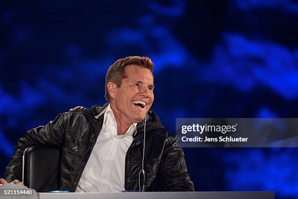 Jury member Dieter Bohlen is seen during the first event show of the tv competition 'Deutschland sucht den Superstar' on April 13, 2016 in Merkers,...