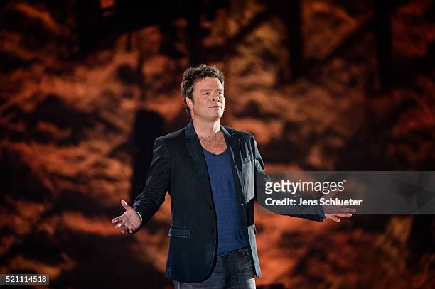 Presenter Oliver Geissen is seen during the first event show of the tv competition 'Deutschland sucht den Superstar' on April 13, 2016 in Merkers,...