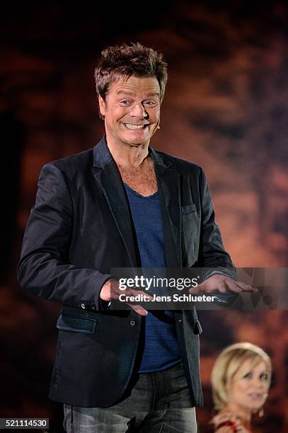Presenter Oliver Geissen is seen during the first event show of the tv competition 'Deutschland sucht den Superstar' on April 13, 2016 in Merkers,...