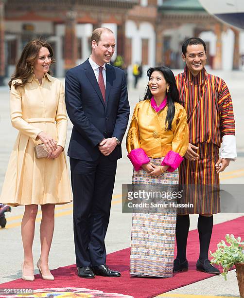 Prince William, Duke of Cambridge and Catherine, Duchess of Cambridge are greeted by King Wangchuck of Bhutan and Queen Jetsun Pema of Bhutan as they...