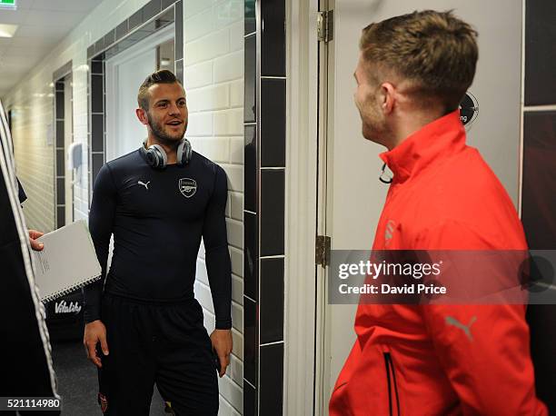 Jack Wilshere and Dan Crowley of Arsenal before the match between Swansea City and Arsenal at Landore Training Ground on April 14, 2016 in Swansea,...