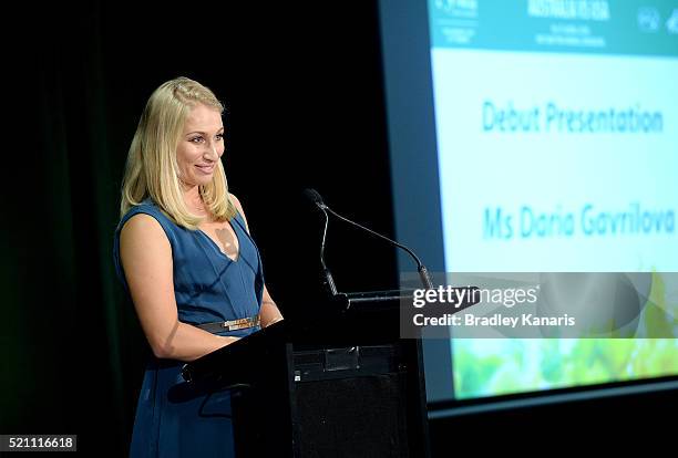 Daria Gavrilova speaks during the Fed Cup Official Dinner on April 14, 2016 in Brisbane, Australia.
