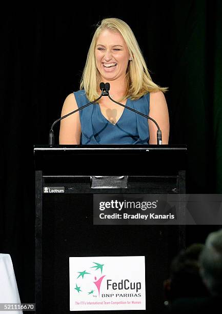 Daria Gavrilova speaks during the Fed Cup Official Dinner on April 14, 2016 in Brisbane, Australia.