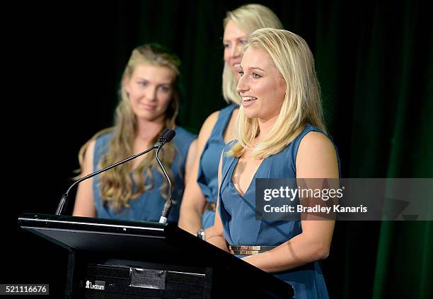 Daria Gavrilova speaks during the Fed Cup Official Dinner on April 14, 2016 in Brisbane, Australia.