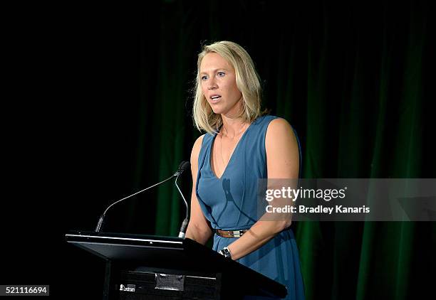 Alicia Molik speaks during the Fed Cup Official Dinner on April 14, 2016 in Brisbane, Australia.