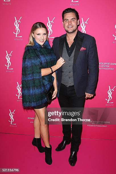 Ben Mingay and Kirby Burgess arrives ahead of a YSL beauty launch at Sydney Town Hall on April 14, 2016 in Sydney, Australia.